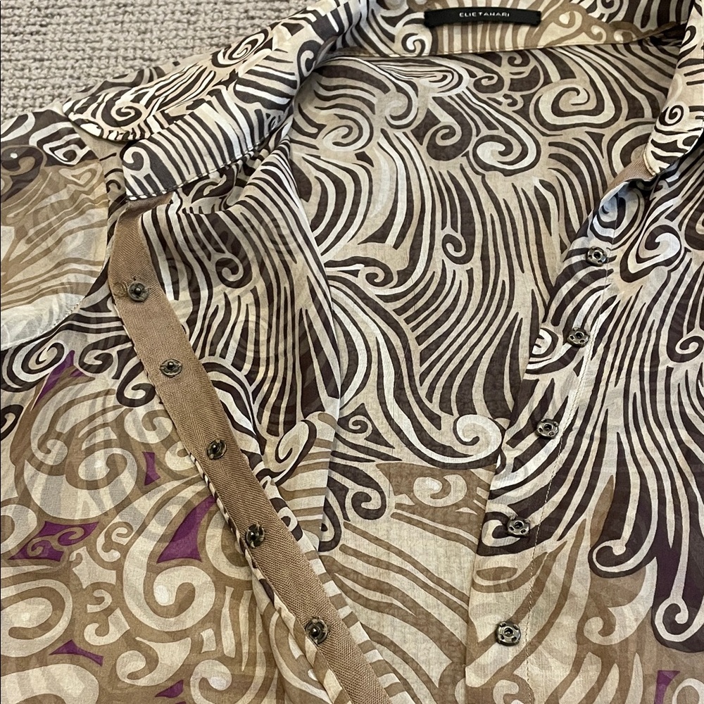 Elie Tahari Brown and Cream Swirl Pattern Blouse - Picture 8 of 10